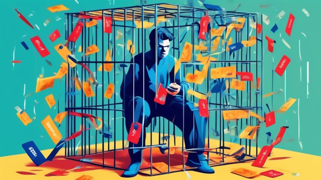 A frustrated person trapped in a cage made of PayPal logos desperately trying to cut a credit card with scissors.