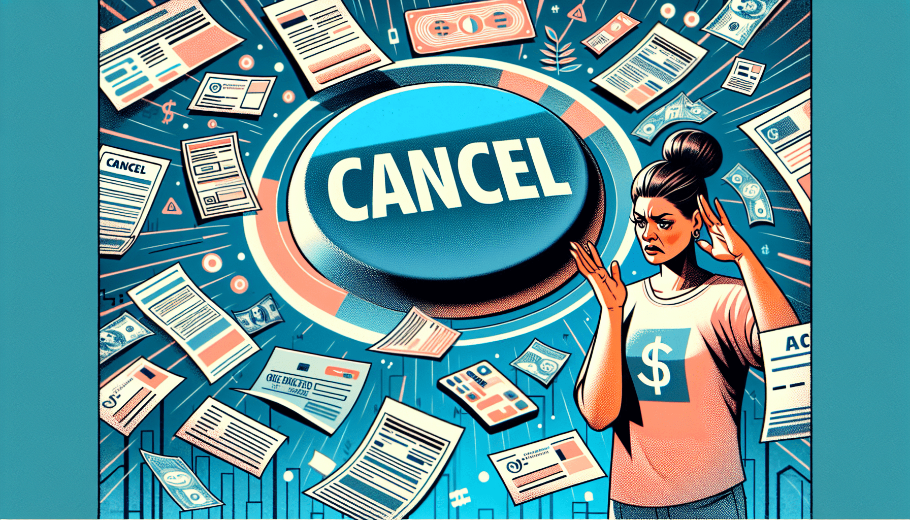 A frustrated person surrounded by bills, with a giant Cancel button hovering over the PayPal logo.