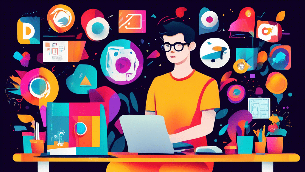 A graphic design novice using Canva, surrounded by colorful icons and design elements on a computer screen