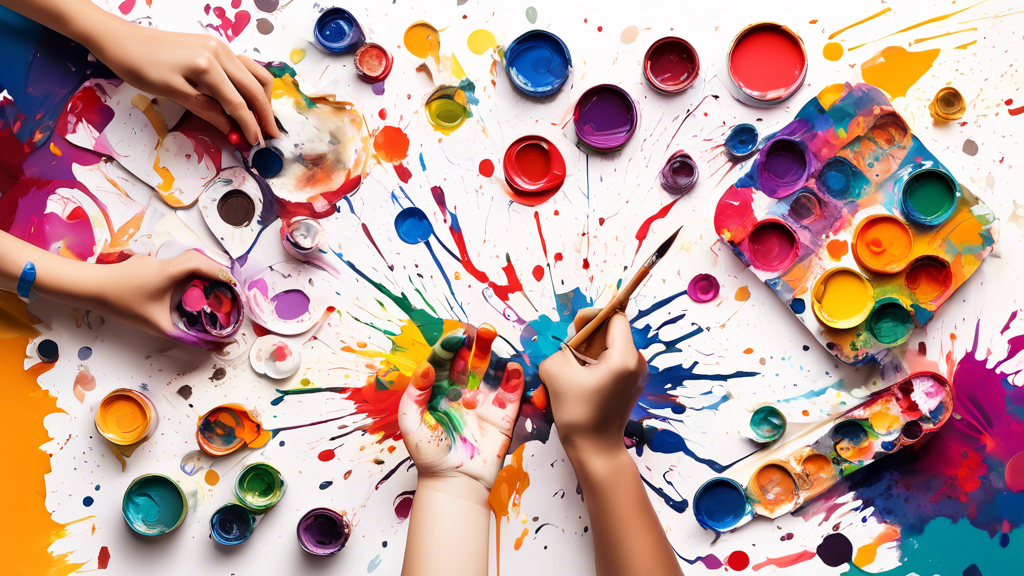 DALL-E Prompt: A vibrant color palette featuring various shades and hues arranged in a visually pleasing circular layout, with an artist's hand holding a paintbrush in the center, ready to create a ma