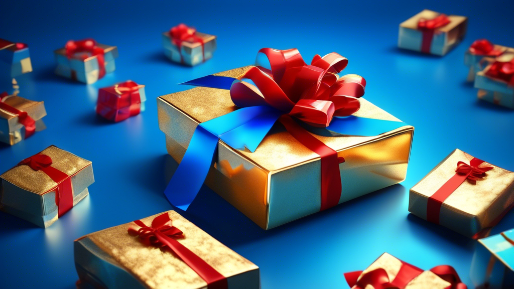 DALL-E Prompt: A 3D illustration of a shiny gold phone number symbol emerging from a gift box with a red bow on a vibrant blue background, digital art style.