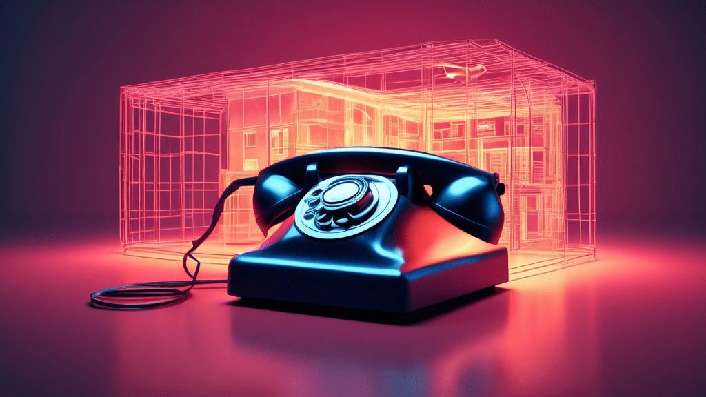 A vintage rotary phone with a glowing wireframe house emerging from the receiver.