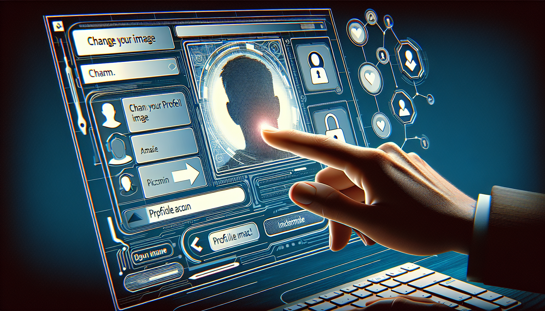 A photorealistic image of a hand changing a profile picture on a Google account page.