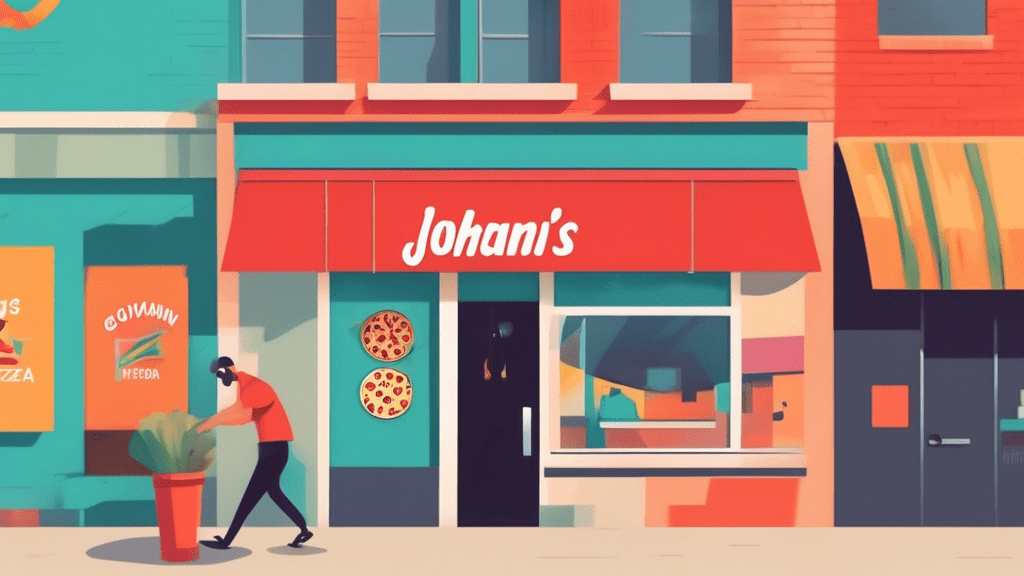A hand changing a storefront sign from John's Pizza to Giovanni's Pizzeria with the Google My Business logo hovering above.