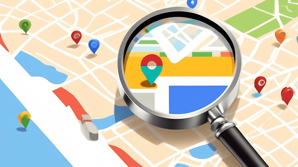 A magnifying glass hovering over a Google Maps pin with a business listing, ranking stars, and a search bar overlaid.