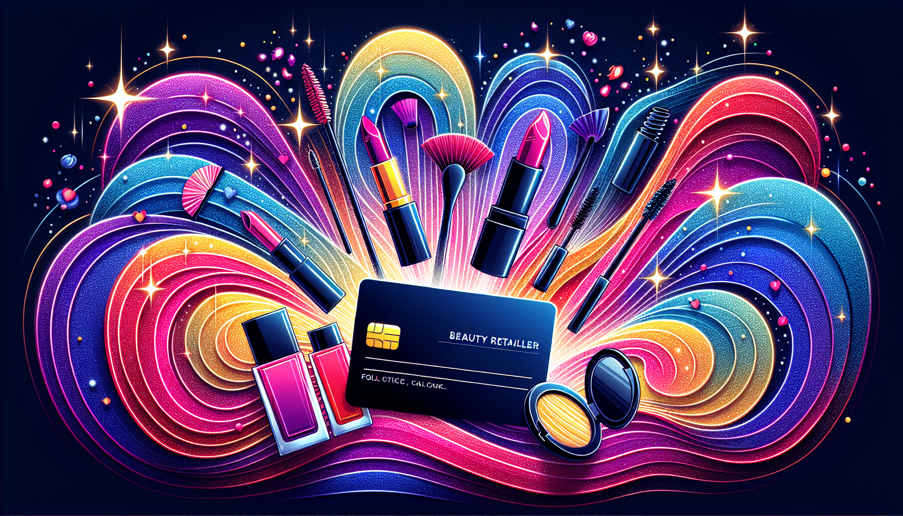A Sephora gift card with glowing makeup products bursting out of it against a dark, sparkling background.