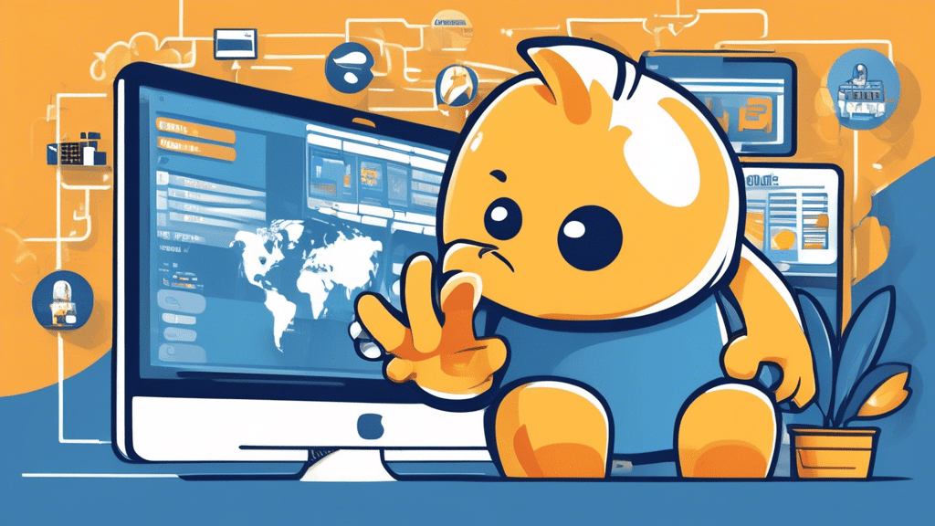 Create an image of a friendly tech-savvy guide character helping a person choose a domain name on a computer. The screen shows the HostGator logo, and the character is pointing to available domain nam