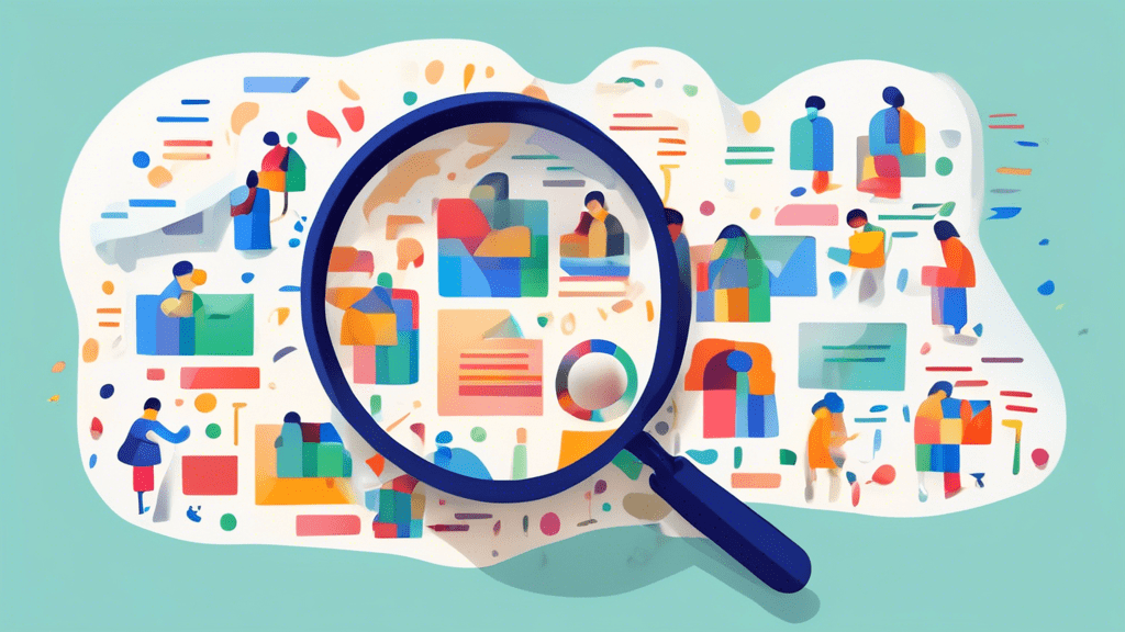 A magnifying glass hovering over a Google My Business listing with various names being swapped in and out of the title.