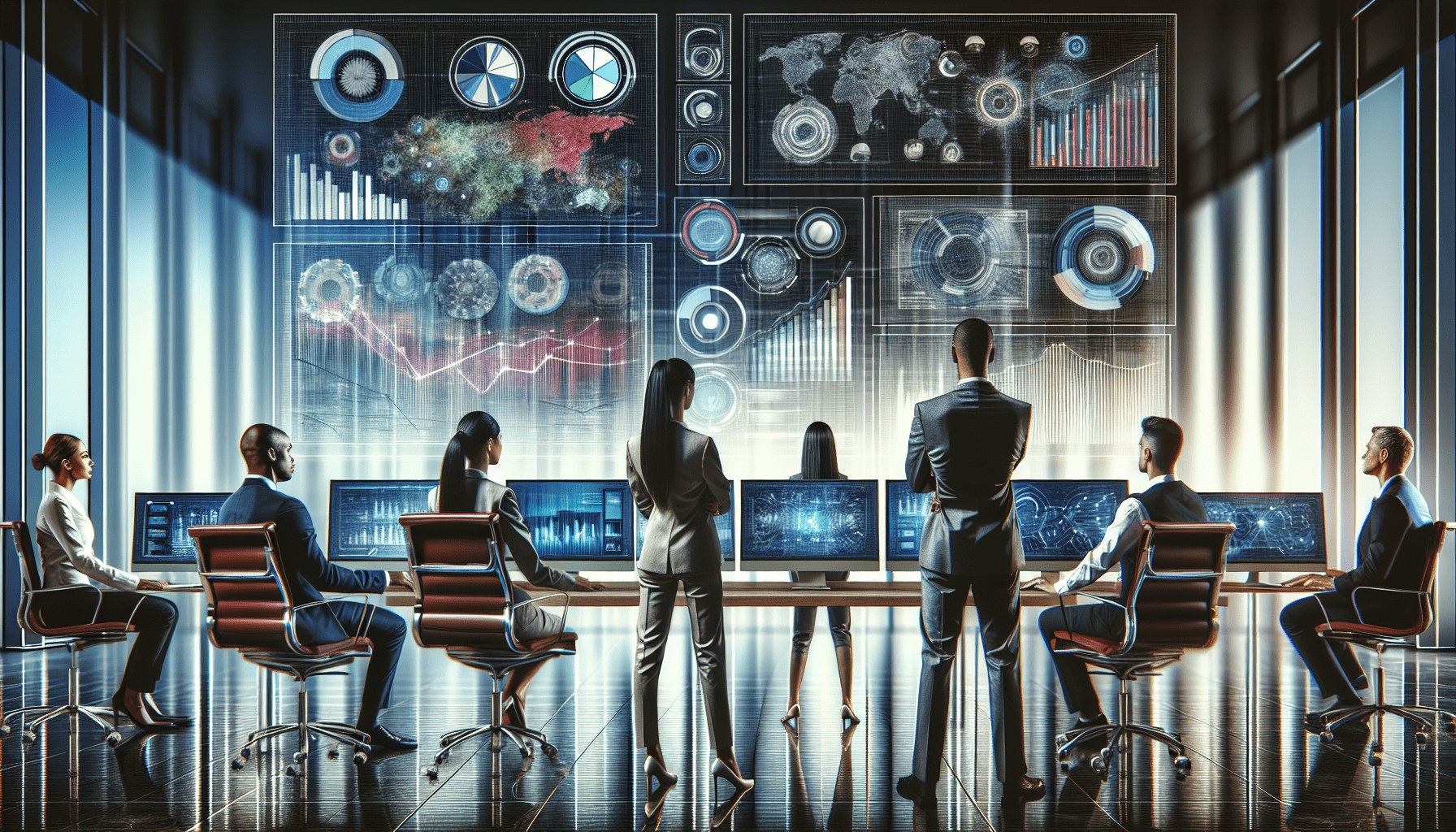 a digital collage of diverse business professionals evaluating different software on multiple computer screens in a modern office environment, with visible graphics of charts, data analytics, and soft