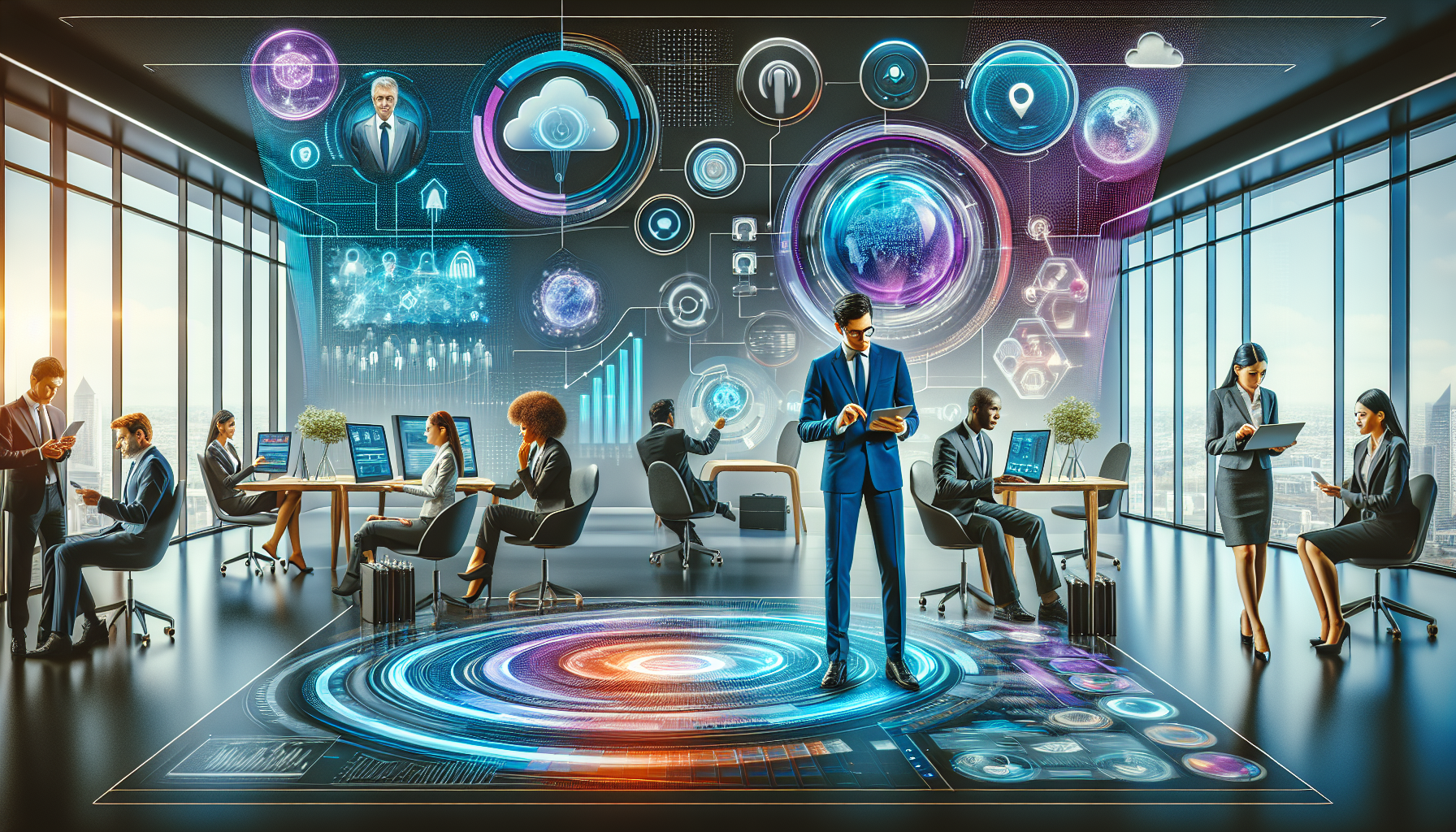 Digital collage showcasing various customer engagement management tools and interfaces, featuring diverse business professionals evaluating high-tech dashboards and communication platforms in a modern