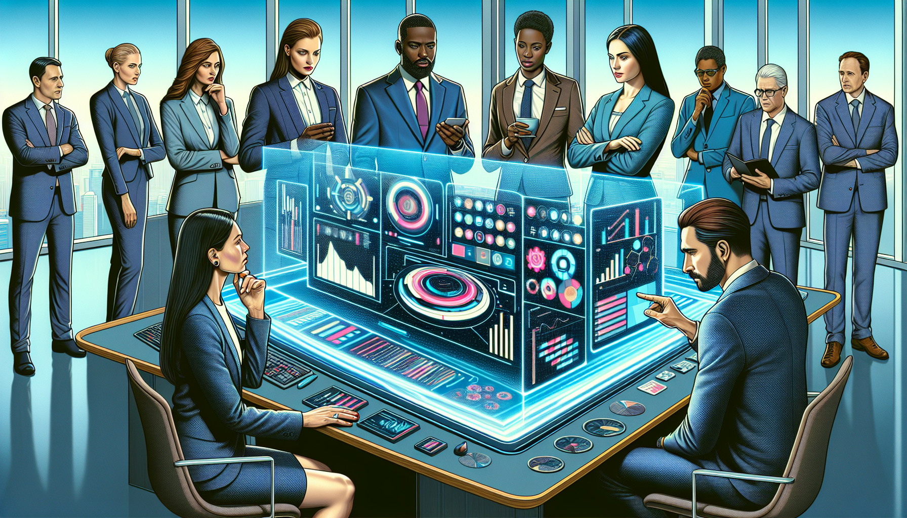 An illustration of a diverse group of business professionals discussing around a high-tech, holographic dashboard displaying various customer feedback management tools and analytics in a futuristic of
