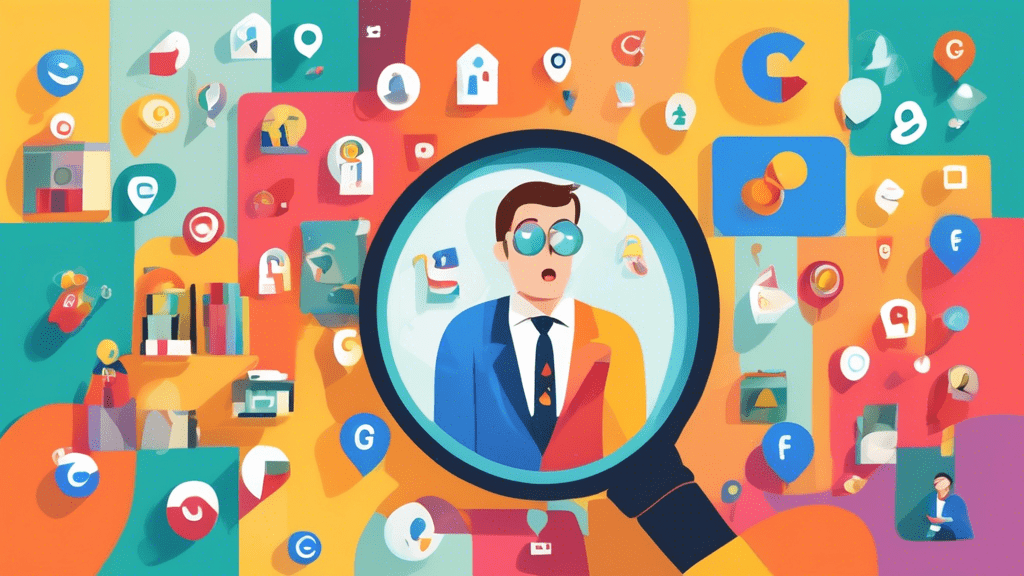 A confused business owner surrounded by floating Google My Business category icons, with a magnifying glass in hand.