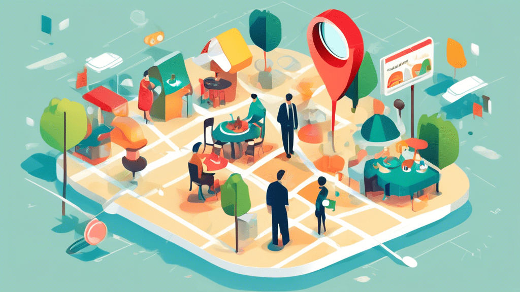 A hand holding a magnifying glass over a Google Maps location pin, with different business categories like restaurant, shop, salon floating around it.