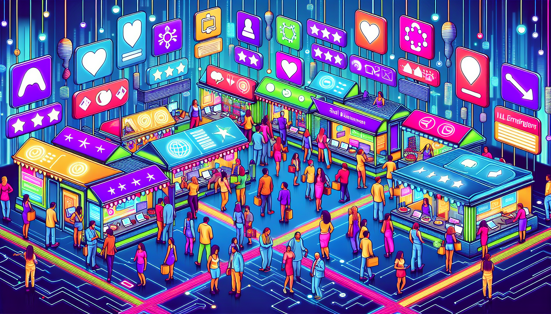 An illustrated digital marketplace bustling with activity, featuring various vendors displaying signs and booths labeled with logos of different Google Reviews management providers, each interacting w