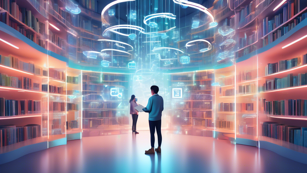 Create an illustration showing a person standing in a futuristic library filled with floating books and digital interfaces, each book labeled with different types of LLM (Language Learning Models). Th