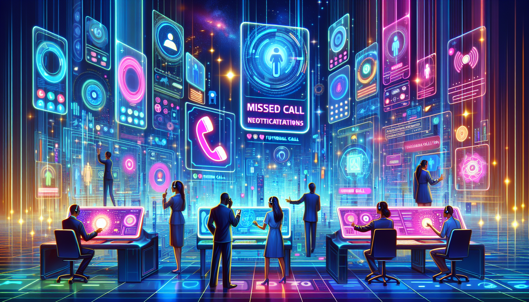 An artistic digital illustration of a futuristic customer service center, with glowing holograms displaying missed calls, a diverse team of operators navigating complex interfaces, and providers prese