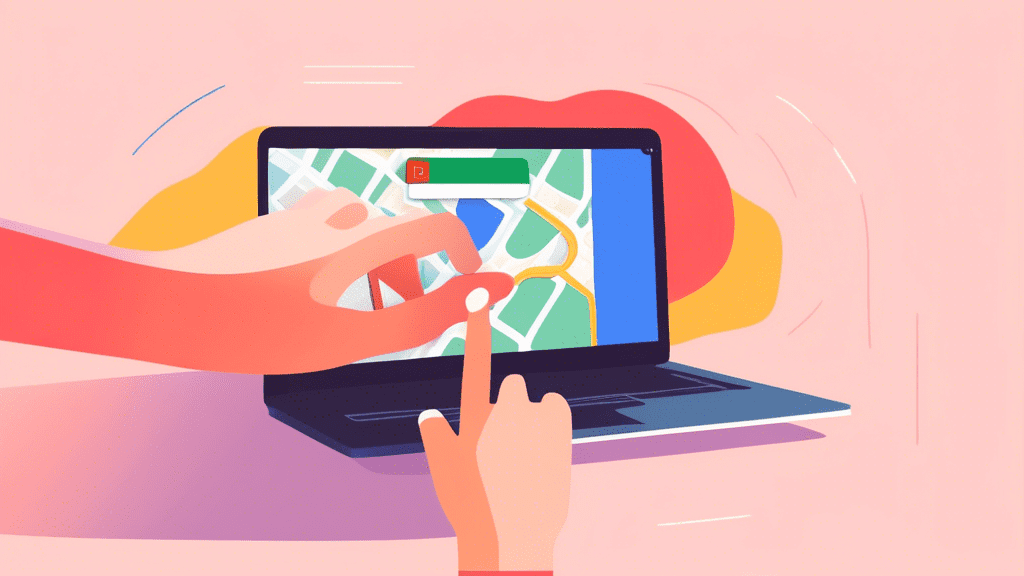 A hand reaching out from a laptop screen holding a Google Maps pin with a storefront inside, symbolizing claiming a Google Business Profile.
