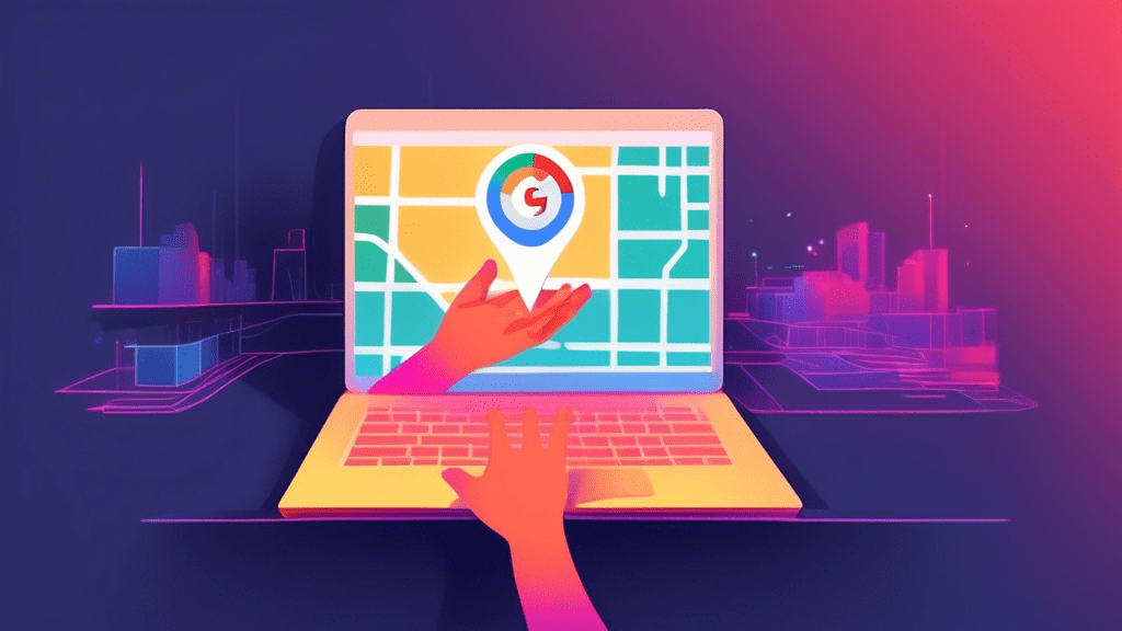 A hand reaching out from a laptop screen holding a Google Maps pin with a storefront glowing inside.