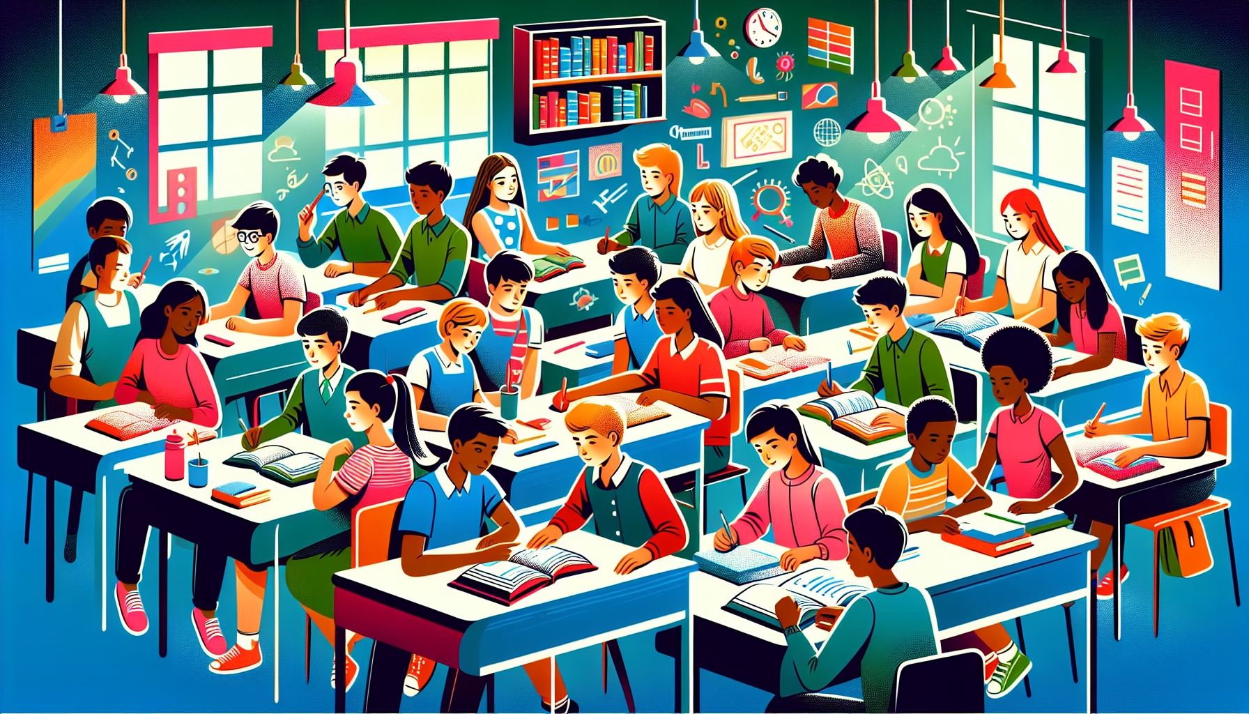 A classroom full of students engaged in [Subject], with textbooks, tools and excited expressions on their faces.