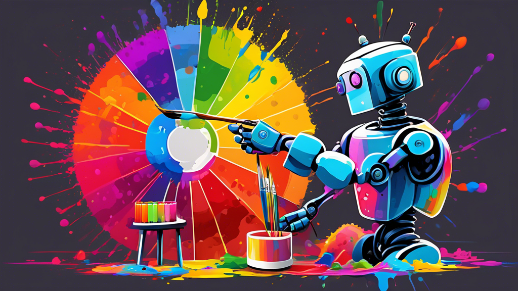 A robot artist painting a color wheel with a digital paintbrush, splattering paint.