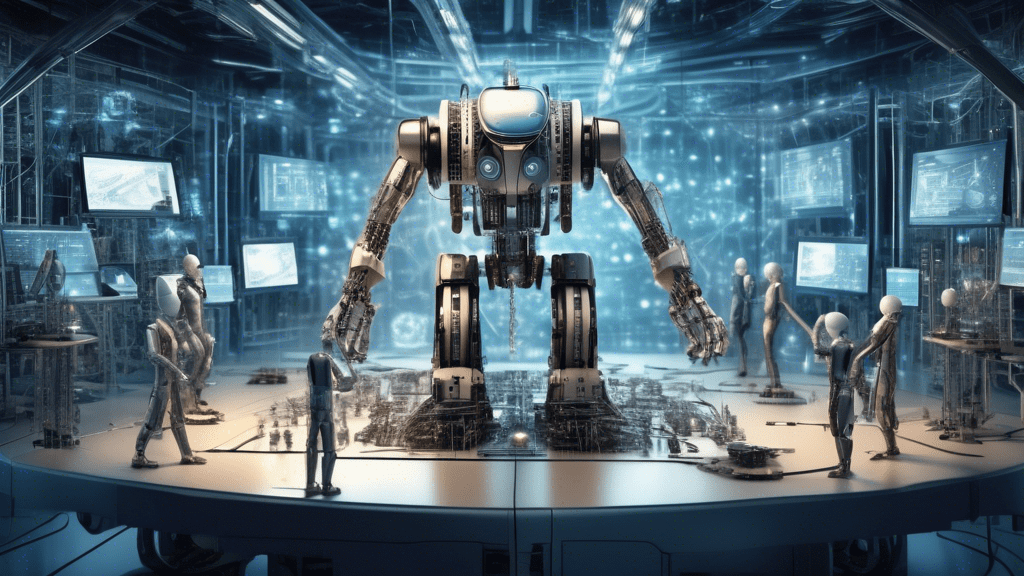 Create an image illustrating the concept of 'Combining Scaling Strategies with LLM Fine-Tuning,' featuring an expansive digital network with scaling ladders and gears. Show a team of researchers fine-