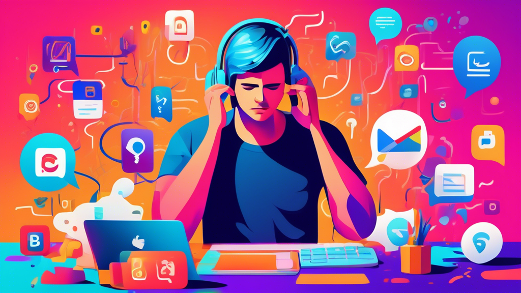 A frustrated business owner with their head in their hands, surrounded by floating Google My Business icons, a tangled phone cord, and a chatbot speech bubble saying We're here to help! but with a gli