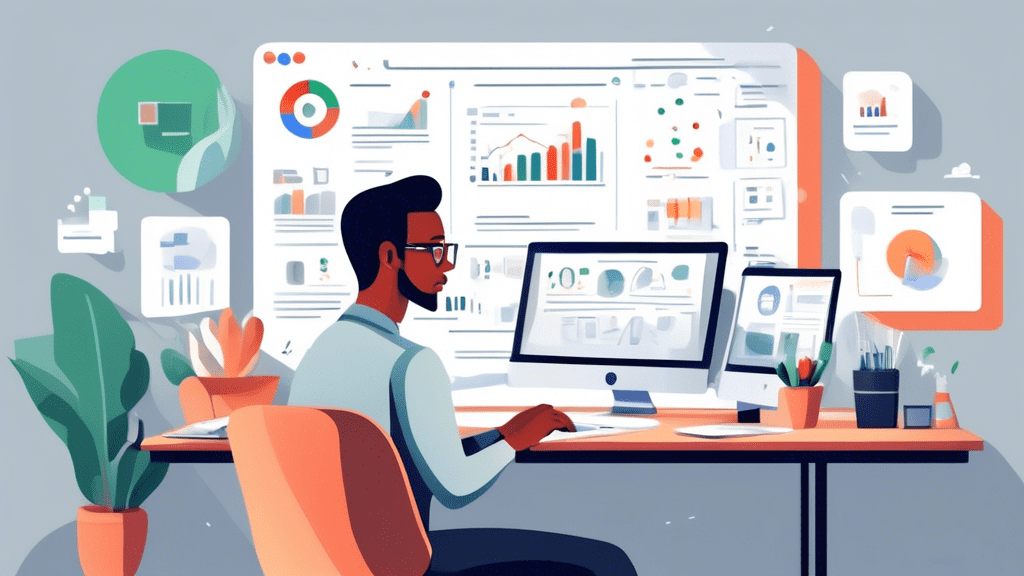 Create an image of a business owner sitting at a computer desk with a focused expression, designing a Google Business Profile. The background should feature a modern office setting with a whiteboard d