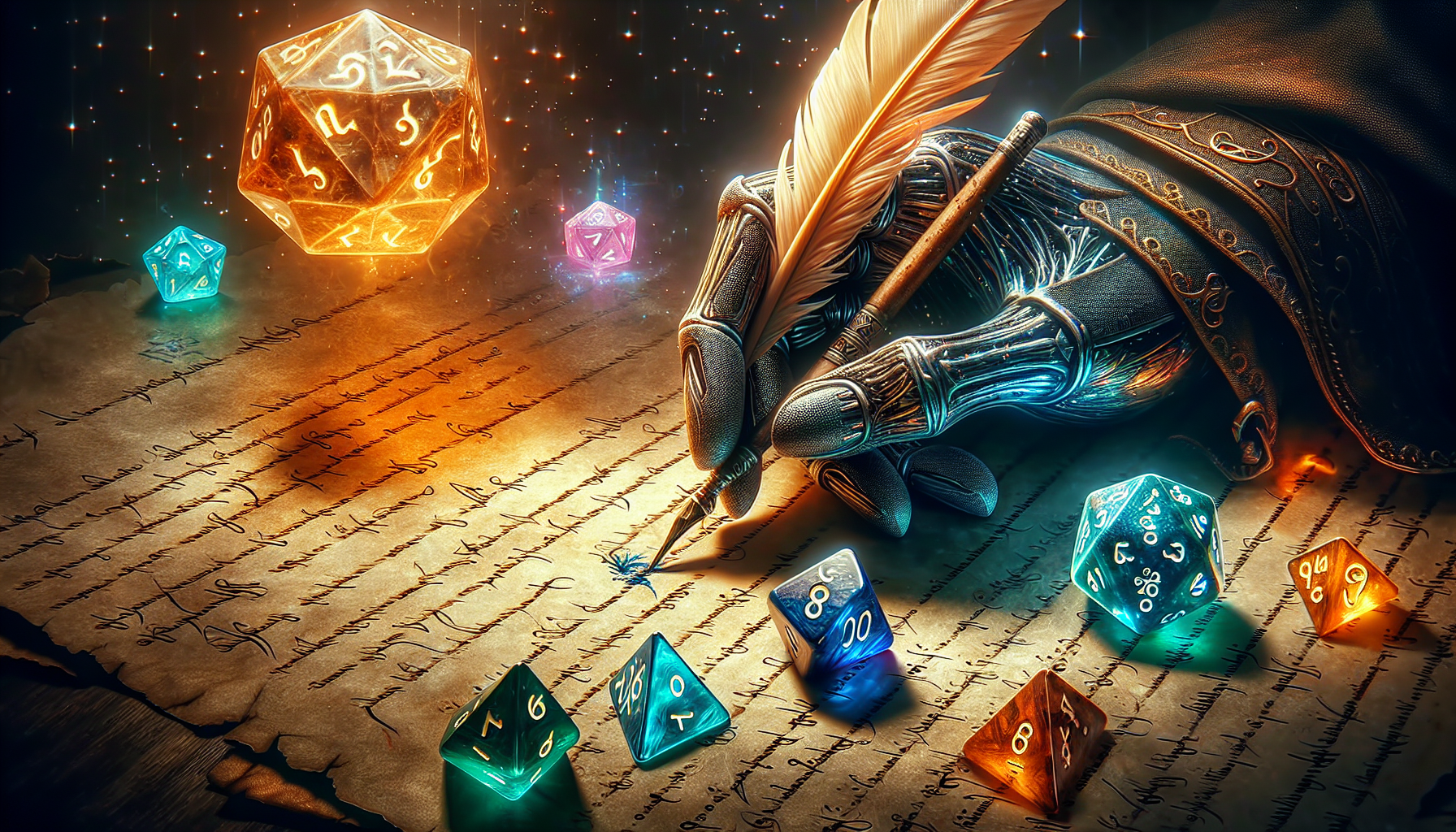 A hand holding a quill writing a fantastical message on parchment with glowing D&D dice surrounding it.