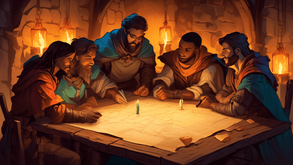 Prompt: A group of adventurers gathered around a wooden table, studying an ancient parchment map illuminated by the warm glow of candles, as they plan their next epic quest in a Dungeons and Dragons c