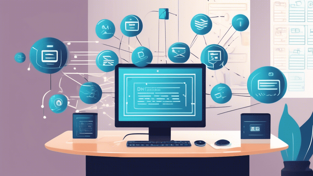 An illustration of a secure email system with a DMARC generator. The scene features a sophisticated email server, surrounded by digital locks and shields, symbolizing security. A user-friendly interfa