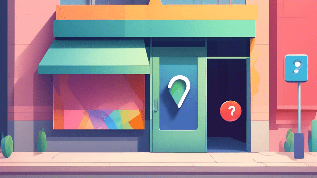 A storefront with a Google Maps pin hovering above it, the storefront is transparent and empty, with a question mark inside.