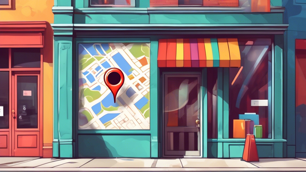 A storefront with a giant Google Maps pin sticking out of it and a magnifying glass hovering over the storefront's door.