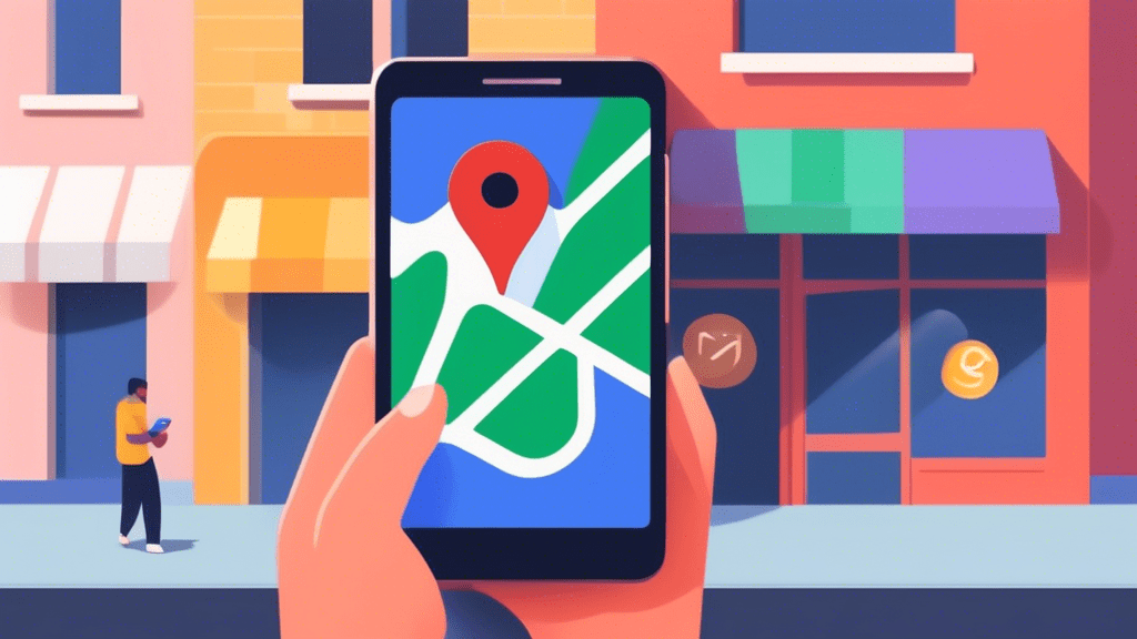 A storefront with the Google Maps pin logo hovering above it and a hand holding a smartphone editing a business listing on the screen.