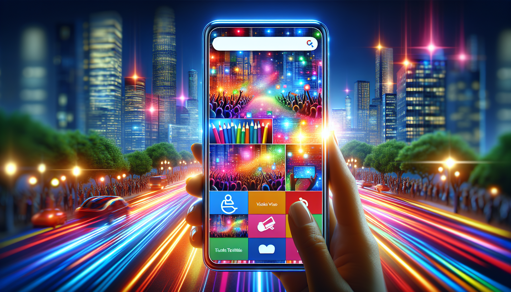A smartphone displaying a vibrant Google Business Profile with creative content examples like colorful photos, videos, and customer reviews, all set against a backdrop of a bustling city.
