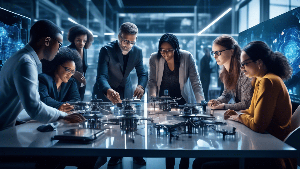 Create an image depicting a diverse group of tech innovators and AI researchers collaborating on advanced machine learning models, surrounded by futuristic technology in a high-tech lab. The atmospher