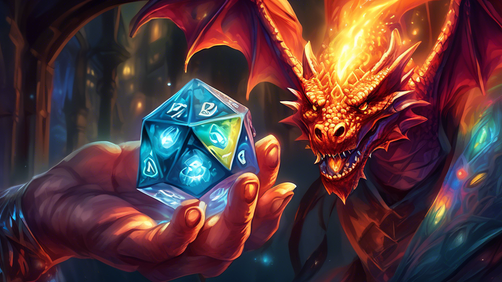 A wizard's hand holds a 20-sided die that glows with arcane energy, as fantastical creatures like dragons, elves, and warriors are reflected on its facets, representing the magic and adventure of the