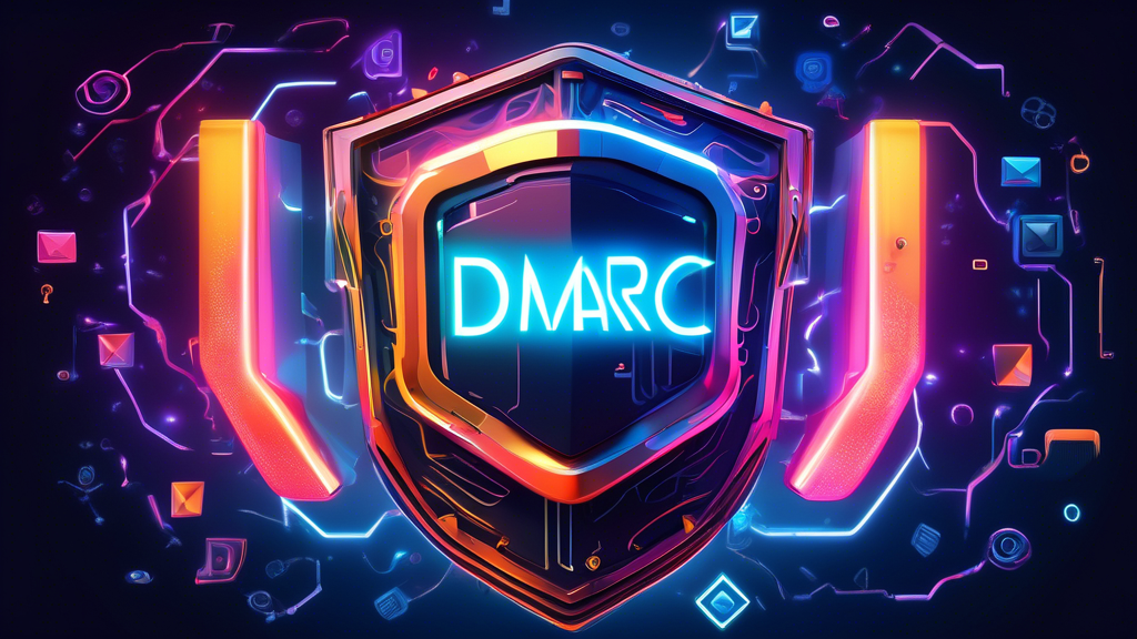 A futuristic machine generating a glowing shield with the letters DMARC emblazoned on it, protecting a stream of emails.