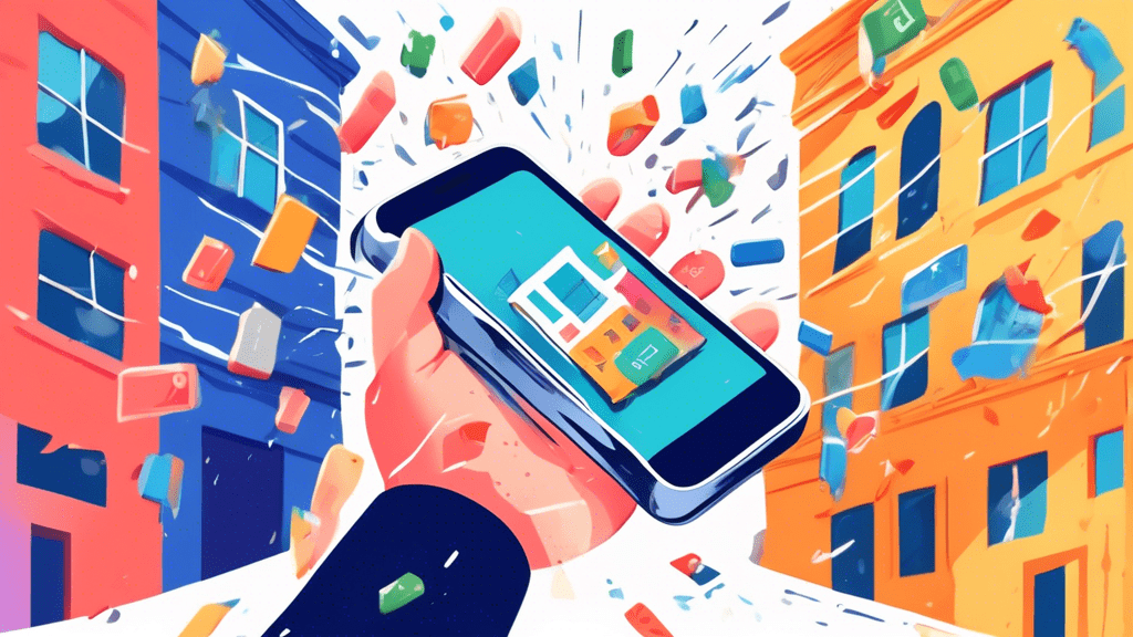 A hand reaching out from a cracked smartphone screen, trying to grab a floating Google My Business location pin with photos of storefronts spilling out from the cracks.