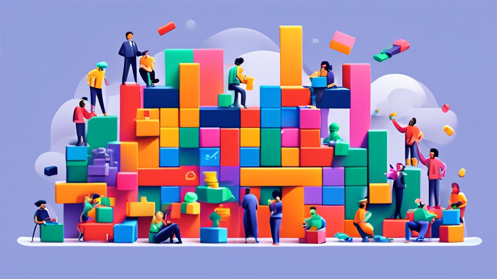 A diverse group of people easily building a website together, using colorful building blocks that represent no-code development tools.