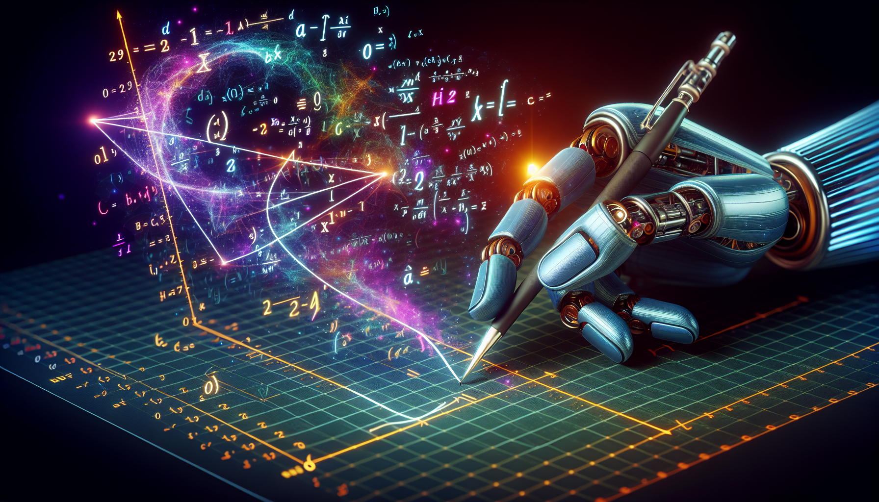 A robot hand drawing a tangent line on a graph with a glowing equation floating above it.