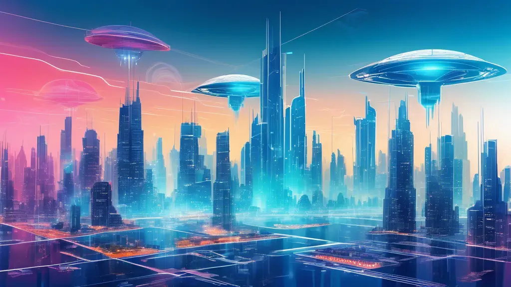 A digital blueprint of a futuristic city floating above a physical city skyline