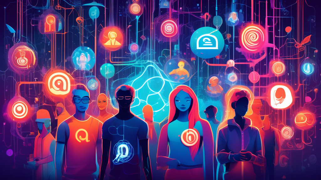 Image prompt: A vibrant, futuristic illustration showing a diverse group of people connected through glowing threads, with the Reddit logo prominently displayed in the center, surrounded by various ic