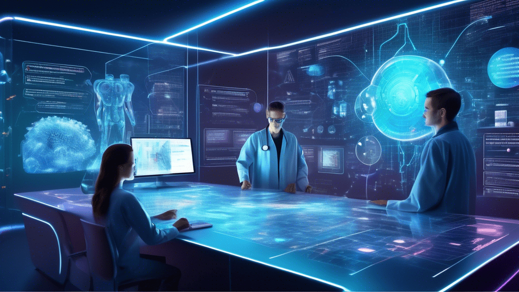 Create an image showing an artificial intelligence concept. Depict a futuristic research lab where scientists and AI developers are working together with advanced computers and holographic displays. T