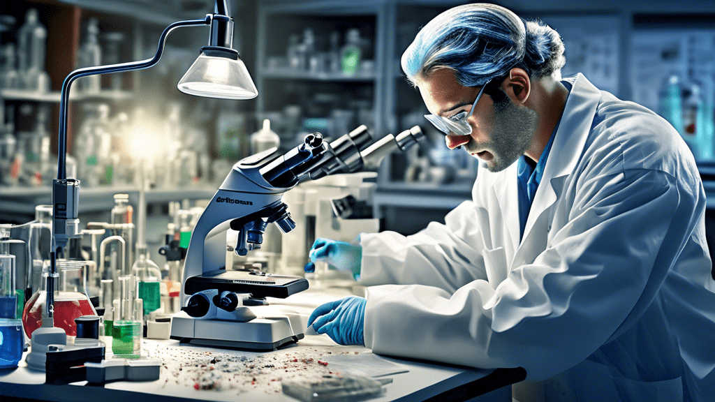 Create a detailed and realistic image of a laboratory setting where a scientist is analyzing a piece of lead. The focus is on the piece of lead, showcasing its true color and texture under magnificati