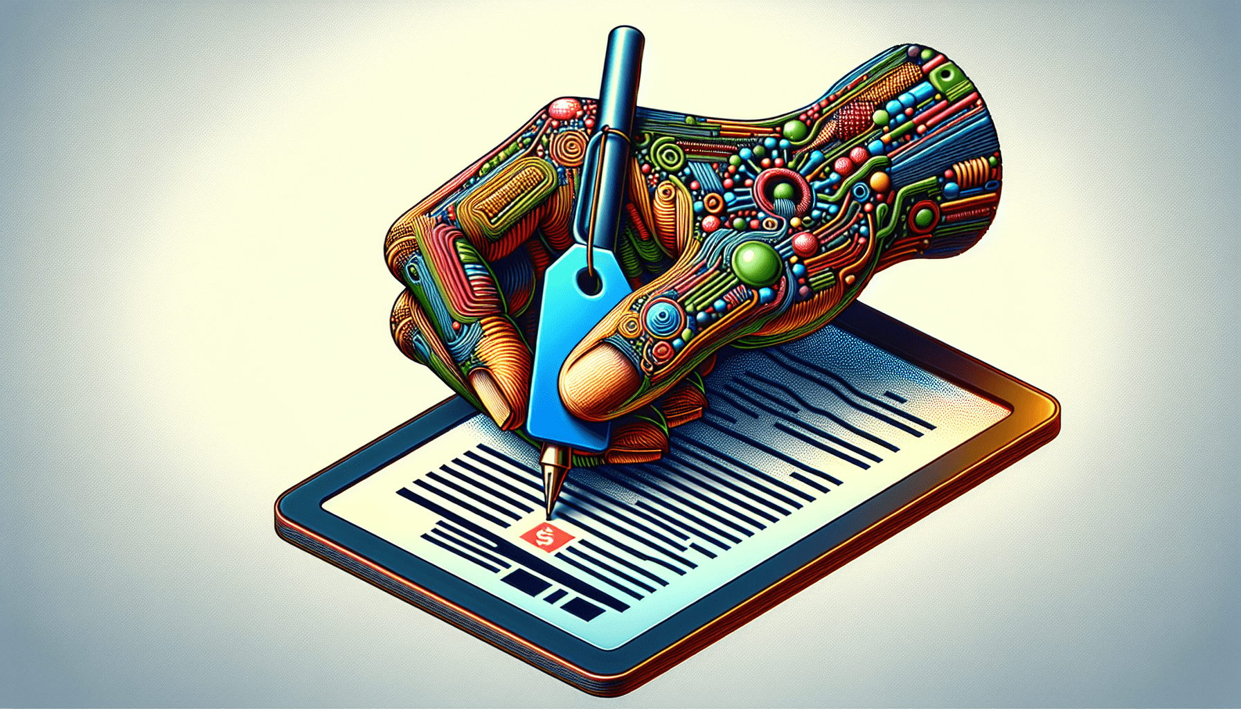 A hand signing a digital document with a price tag attached to the finger.