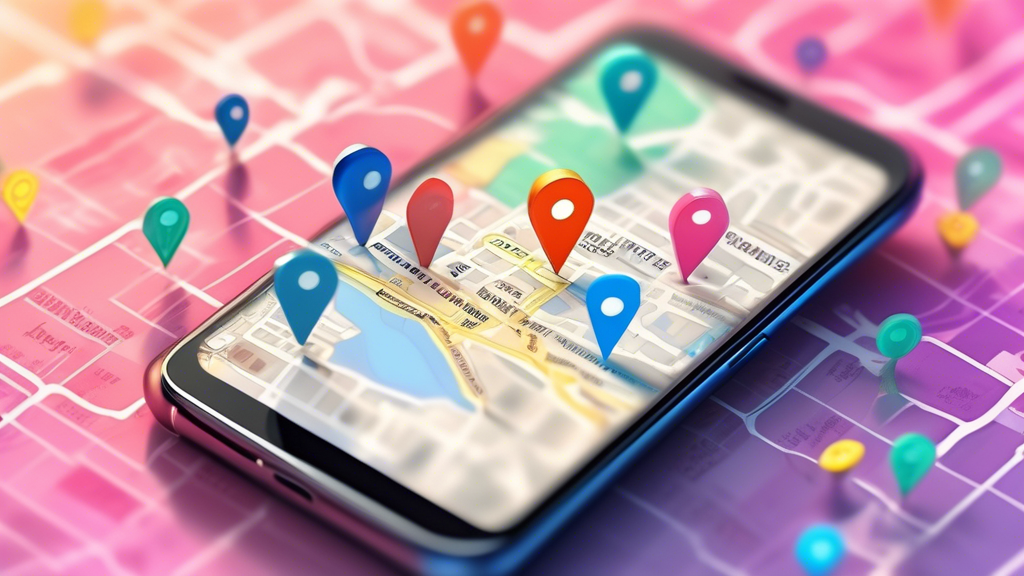 A smartphone displaying a map with a prominent business pin glowing, surrounded by faded competitor pins, and text overlayed on the screen reading Google Business Profile.