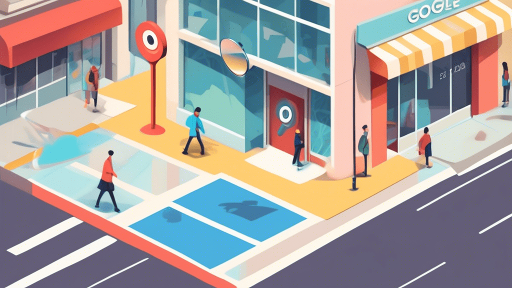 A storefront with a giant magnifying glass over it and a Google Maps pin hovering nearby, with 2024 etched into the sidewalk.