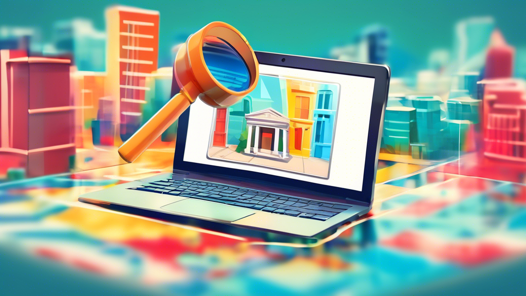 A storefront business bursting out of a laptop screen with a magnifying glass hovering over a Google Maps pin on the screen.