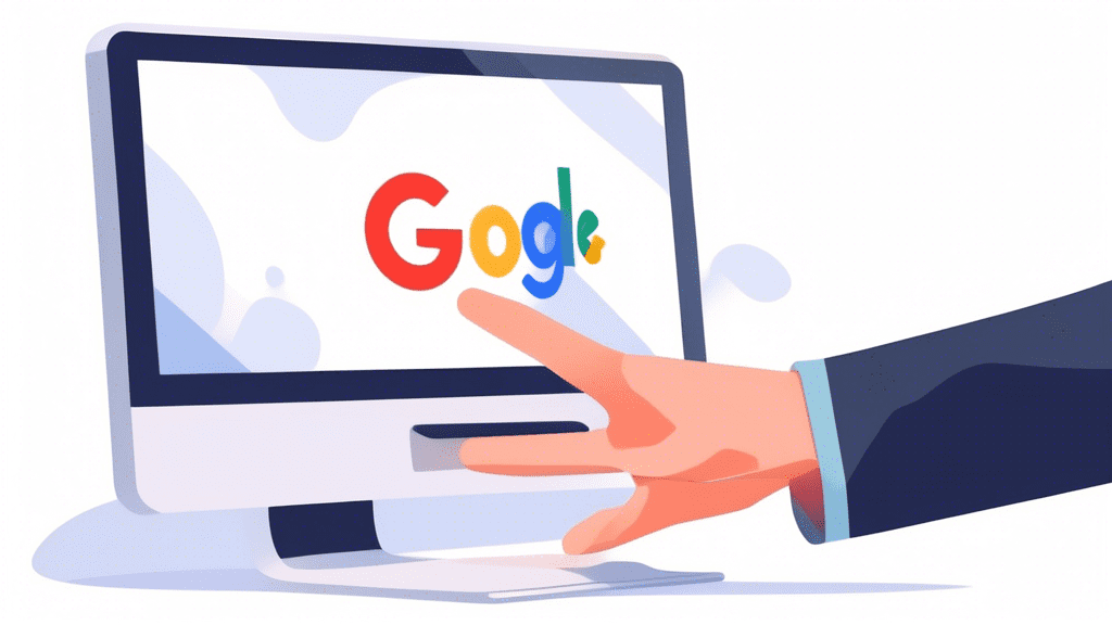 A hand reaching out from a computer screen holding a Google My Business pin icon with a transparent background.