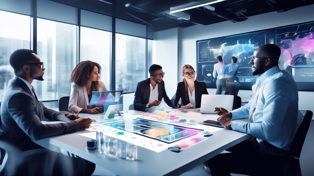 Create an image depicting a diverse team of business professionals in a modern office, collaboratively brainstorming and utilizing high-tech tools like holographic displays and advanced analytics. The